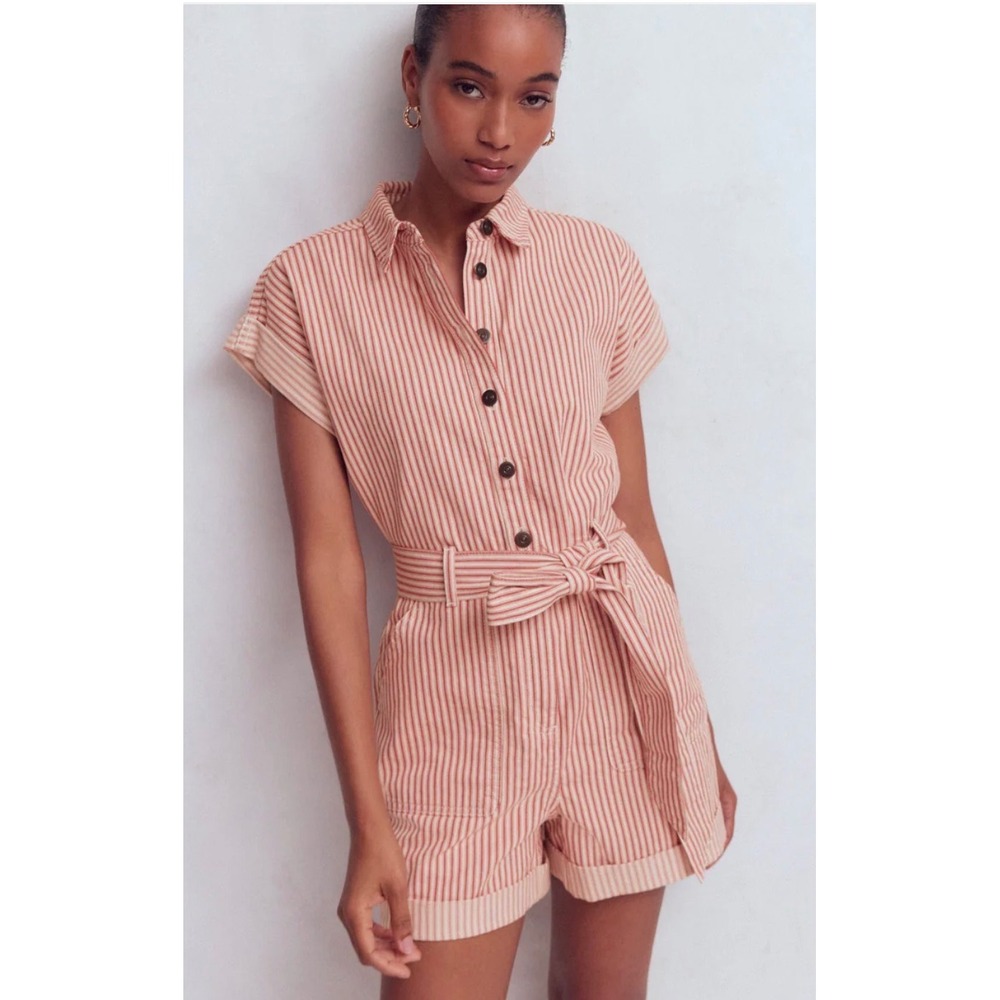 Boden Kay Denim Playsuit Red White Striped Button Front Belted Romper US 4R UK 8